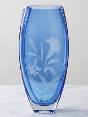 VTG Mikasa Sapphire Blue Art Glass Vase Etched Lily Floral Design Poland